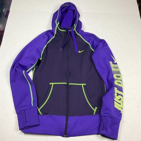 Nike Womens Performance Therma Fit Hooded Jacket Purple Green Full Zip Up Small - Picture 1 of 12